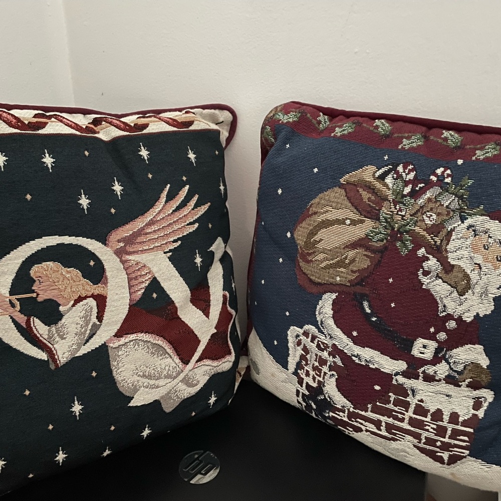 Portofino embroidered holiday throw pillows; rich detail; deep burgandy back